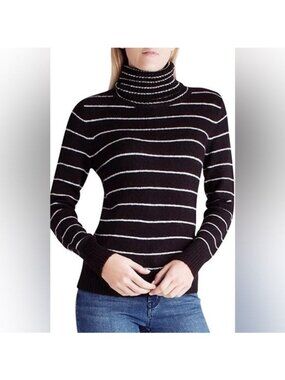 Kensie Soft Fuzzy Black & White Striped Turtleneck Sweater Large NWT